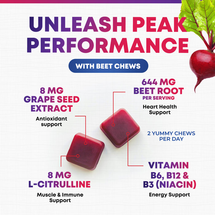 Beet Chews - Soft Beet Root Chewables with Grape Seed Extract Supports Heart Health & Energy with Powerful Antioxidants - Beetroot Nitric Oxide Supplement, Acai Berry Flavor - 60 Vegan Soft Chews