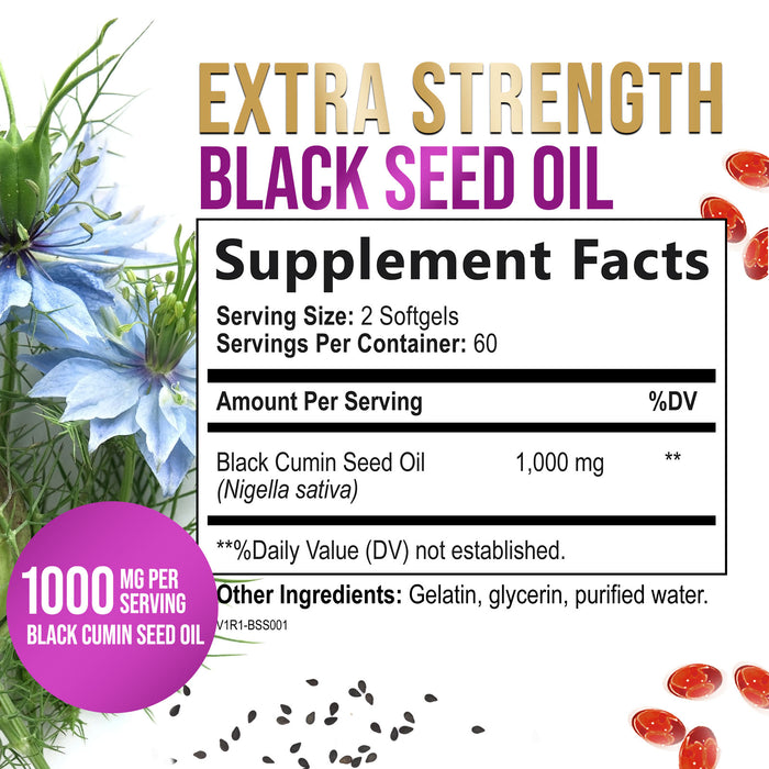 Black Seed Oil Softgels 1000mg - Premium Extra Strength Nigella Sativa Black Seed Oil, Pure Black Cumin Seed Oil for Hair, Skin, Brain Health & Immune Support, Non-GMO, Sugar & Gluten Free - 120 Count