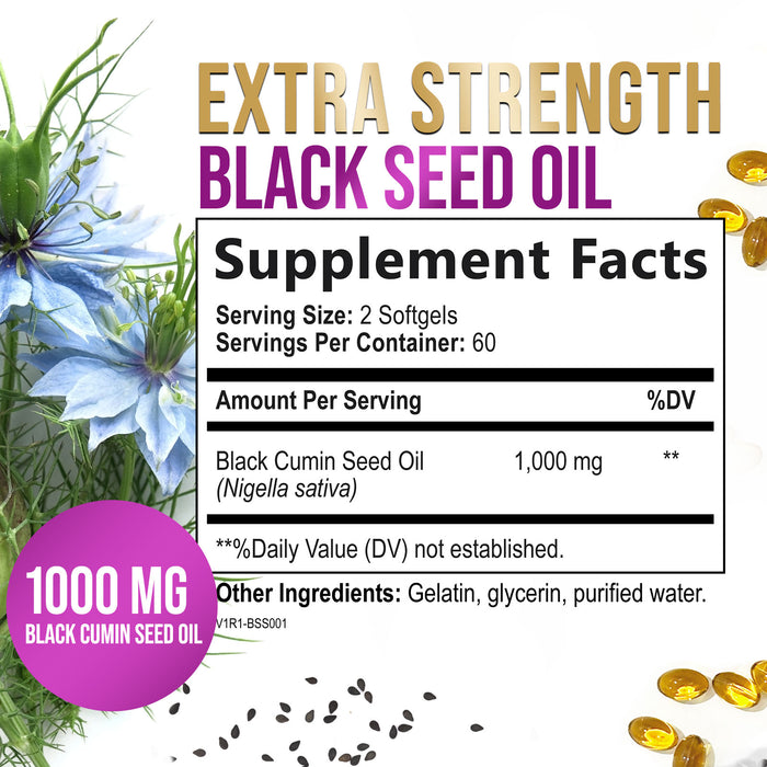 Black Seed Oil Softgels 1000mg - Premium Extra Strength Nigella Sativa Black Seed Oil, Pure Black Cumin Seed Oil for Hair, Skin, Brain Health & Immune Support, Non-GMO, Sugar & Gluten Free