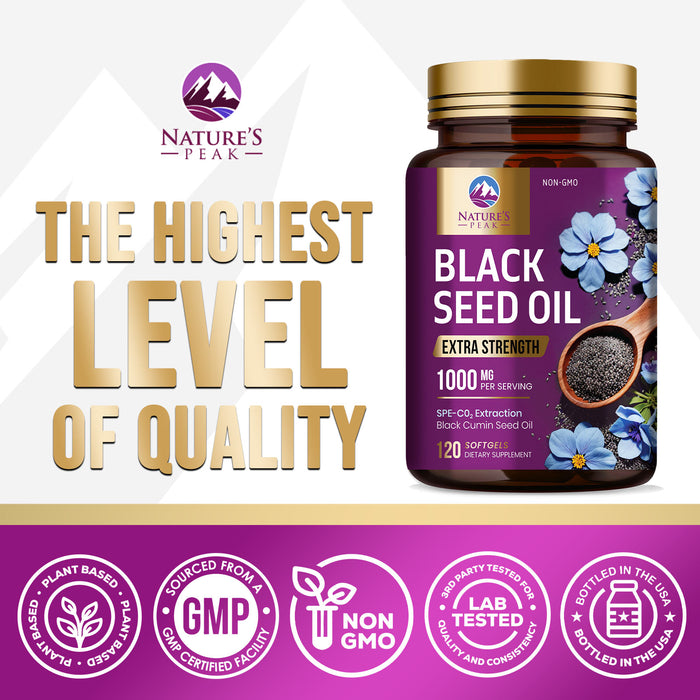 Black Seed Oil Softgels 1000mg - Premium Extra Strength Nigella Sativa Black Seed Oil, Pure Black Cumin Seed Oil for Hair, Skin, Brain Health & Immune Support, Non-GMO, Sugar & Gluten Free