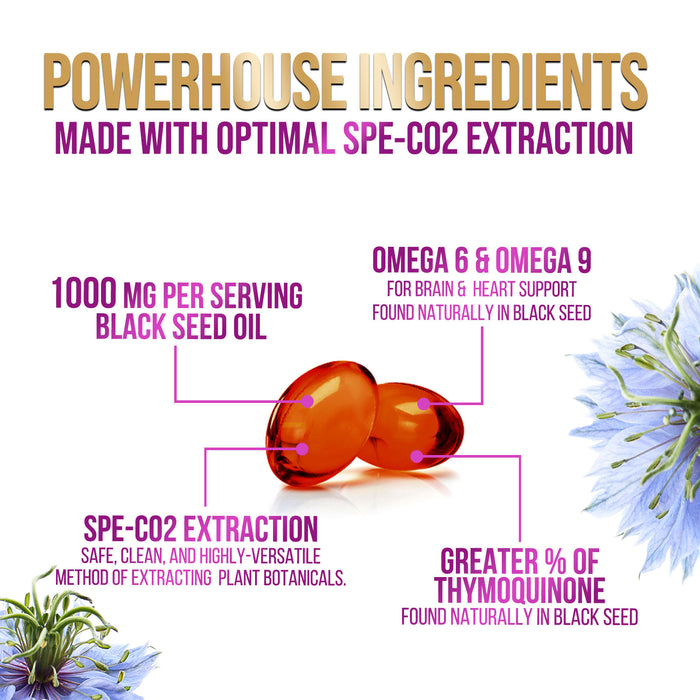 Black Seed Oil Softgels 1000mg - Premium Extra Strength Nigella Sativa Black Seed Oil, Pure Black Cumin Seed Oil for Hair, Skin, Brain Health & Immune Support, Non-GMO, Sugar & Gluten Free - 60 Count