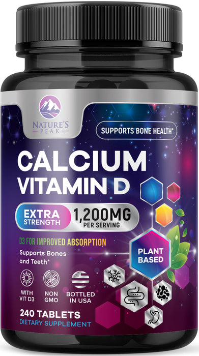 Calcium 1200 mg Plus Vitamin D3, Bone Health & Immune Support - Nature's Calcium Supplement with High Potency Vitamin D for Extra Strength Carbonate Absorption Dietary Supplement