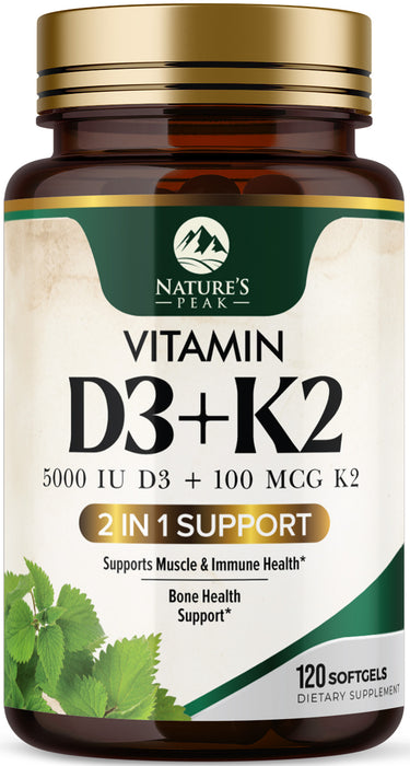 D3 K2 Vitamin 5000 IU | 2-in-1 Vitamin D 5000iu & Mk7 Vitamin K 100 mcg Dietary Supplement for Bone & Immune Support, Bottled in USA, Easy to Swallow, Gluten Free, Non-GMO | 120 D3K2 Complex Softgels