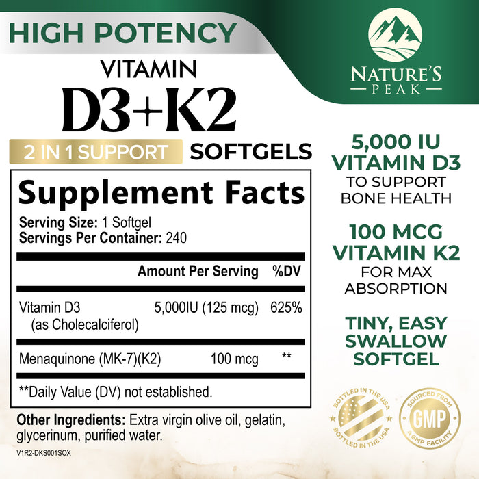 D3 K2 Vitamin 5000 IU | 2-in-1 Vitamin D 5000iu & Mk7 Vitamin K 100 mcg Dietary Supplement for Bone & Immune Support, Bottled in USA, Easy to Swallow, Gluten Free, Non-GMO | 120 D3K2 Complex Softgels