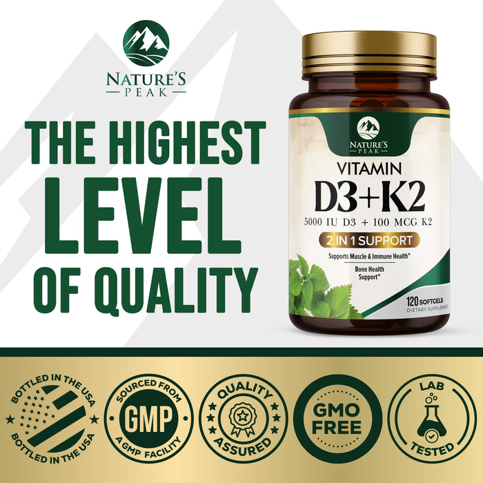 D3 K2 Vitamin 5000 IU | 2-in-1 Vitamin D 5000iu & Mk7 Vitamin K 100 mcg Dietary Supplement for Bone & Immune Support, Bottled in USA, Easy to Swallow, Gluten Free, Non-GMO | 120 D3K2 Complex Softgels