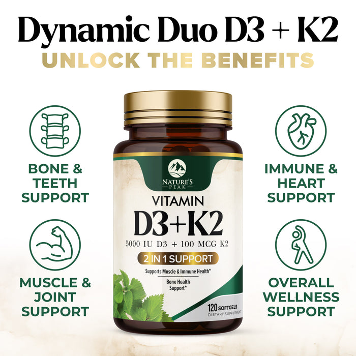 D3 K2 Vitamin 5000 IU | 2-in-1 Vitamin D 5000iu & Mk7 Vitamin K 100 mcg Dietary Supplement for Bone & Immune Support, Bottled in USA, Easy to Swallow, Gluten Free, Non-GMO | 120 D3K2 Complex Softgels