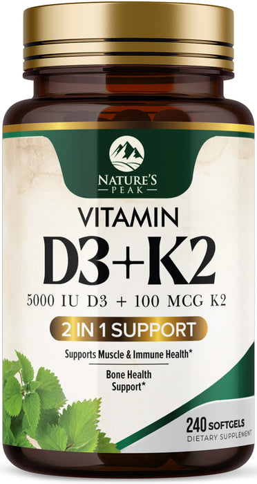 D3 K2 Vitamin 5000 IU | 2-in-1 Vitamin D 5000iu & Mk7 Vitamin K 100 mcg Dietary Supplement for Bone & Immune Support, Bottled in USA, Easy to Swallow, Gluten Free, Non-GMO | 240 D3K2 Complex Softgels