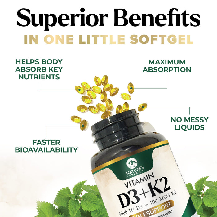 D3 K2 Vitamin 5000 IU | 2-in-1 Vitamin D 5000iu & Mk7 Vitamin K 100 mcg Dietary Supplement for Bone & Immune Support, Bottled in USA, Easy to Swallow, Gluten Free, Non-GMO | 240 D3K2 Complex Softgels