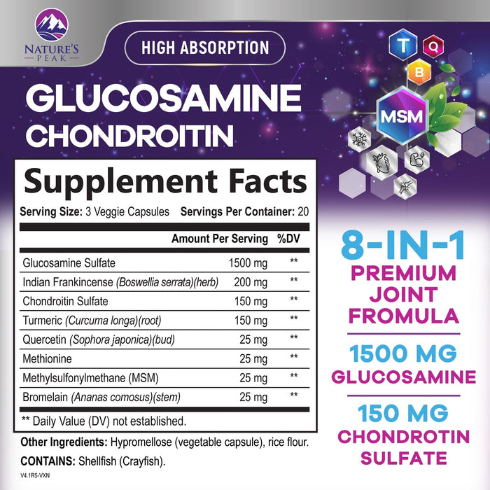 Glucosamine with Chondroitin Turmeric Supplement, Triple Strength Standardized 2100mg with Boswellia & Bromelain - for Joint Support & Comfort - 60 Count