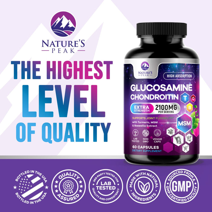 Glucosamine with Chondroitin Turmeric Supplement, Triple Strength Standardized 2100mg with Boswellia & Bromelain - for Joint Support & Comfort - 60 Count