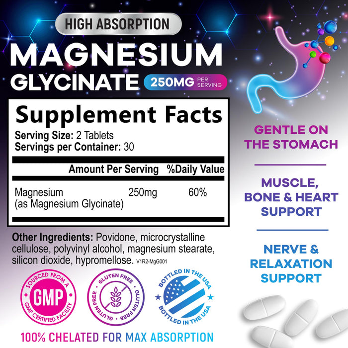 Magnesium Glycinate 250mg - 100% Chelated for Max Absorption, Magnesium Capsules for Bone, Muscle & Heart Health Support, Nature's Magnesium Supplement, Vegan, Gluten Free, Non-GMO