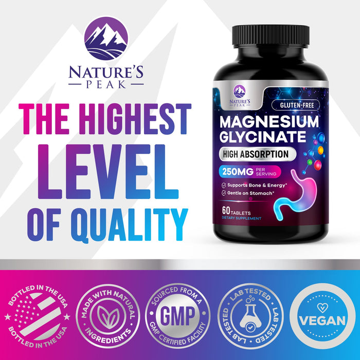 Magnesium Glycinate 250mg - 100% Chelated for Max Absorption, Magnesium Capsules for Bone, Muscle & Heart Health Support, Nature's Magnesium Supplement, Vegan, Gluten Free, Non-GMO - 60 Count