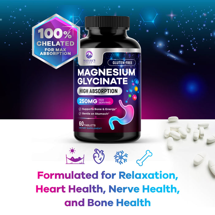 Magnesium Glycinate 250mg - 100% Chelated for Max Absorption, Magnesium Capsules for Bone, Muscle & Heart Health Support, Nature's Magnesium Supplement, Vegan, Gluten Free, Non-GMO