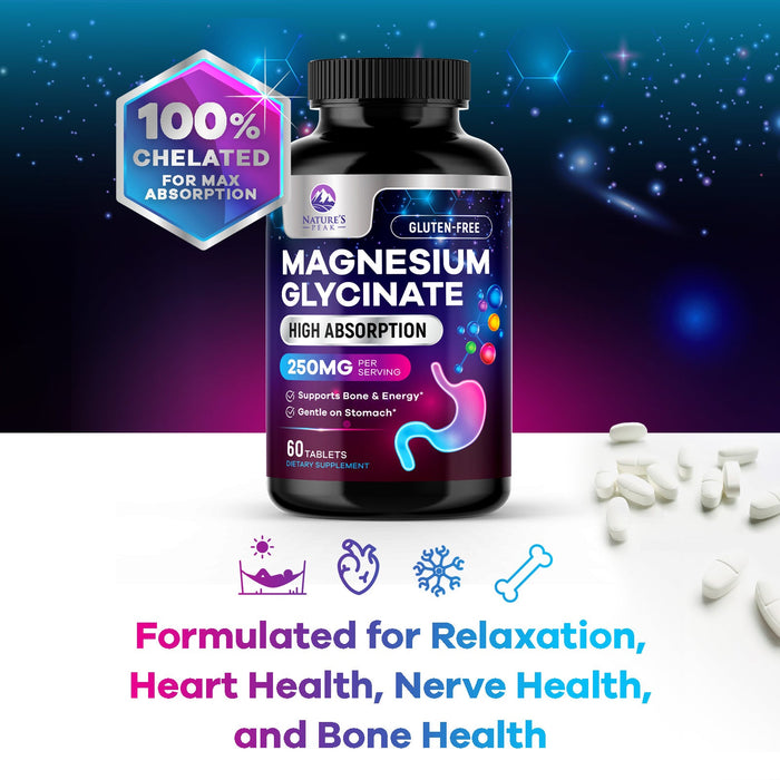 Magnesium Glycinate 250mg - 100% Chelated for Max Absorption, Magnesium Capsules for Bone, Muscle & Heart Health Support, Nature's Magnesium Supplement, Vegan, Gluten Free, Non-GMO - 60 Count