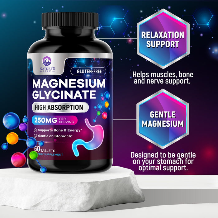 Magnesium Glycinate 250mg - 100% Chelated for Max Absorption, Magnesium Capsules for Bone, Muscle & Heart Health Support, Nature's Magnesium Supplement, Vegan, Gluten Free, Non-GMO - 60 Count