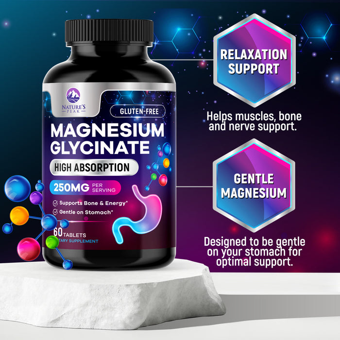 Magnesium Glycinate 250mg - 100% Chelated for Max Absorption, Magnesium Capsules for Bone, Muscle & Heart Health Support, Nature's Magnesium Supplement, Vegan, Gluten Free, Non-GMO