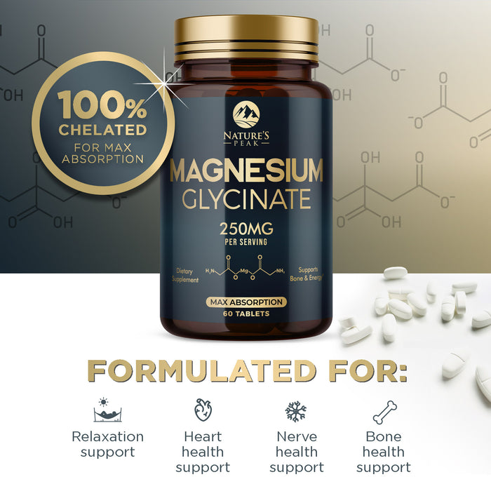 Magnesium Glycinate 250mg - 100% Chelated for Max Absorption, Magnesium Capsules for Bone, Muscle & Heart Health Support, Nature's Magnesium Supplement, Vegan, Gluten Free, Non-GMO