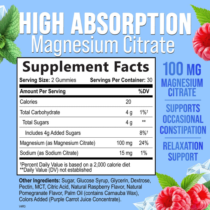 Magnesium Gummy - High Absorption Magnesium Citrate Supplement for Stress Support for Adults & Kids - Calm Magnesium Gummies Dietary Supplements - Bone Support & Heart Support