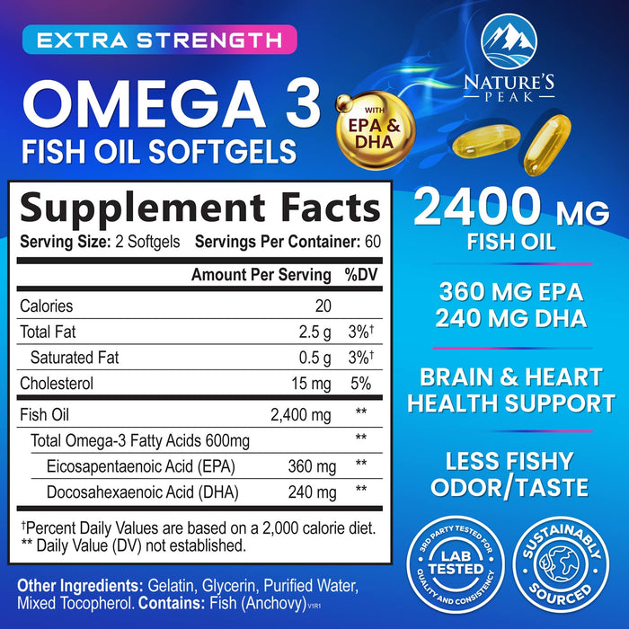 Triple Strength Omega 3 Fish Oil 2400 mg Softgels, Nature's Fish Oil Supplements, Brain & Heart Health Support - EPA & DHA, 1200 MG Fish Oil in Each Softgel, Omega-3 Supplement Softgels - 120 Count