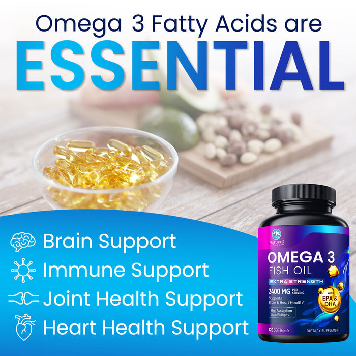 Triple Strength Omega 3 Fish Oil 2400 mg Softgels, Nature's Fish Oil Supplements, Brain & Heart Health Support - EPA & DHA, 1200 MG Fish Oil in Each Softgel, Omega-3 Supplement Softgels - 120 Count