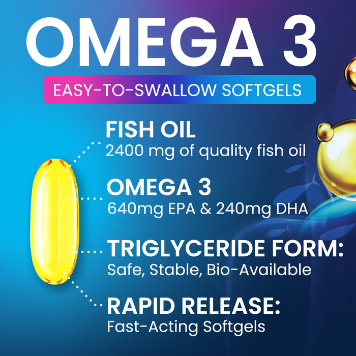 Triple Strength Omega 3 Fish Oil 2400 mg Softgels, Nature's Fish Oil Supplements, Brain & Heart Health Support - EPA & DHA, 1200 MG Fish Oil in Each Softgel, Omega-3 Supplement Softgels - 60 Count