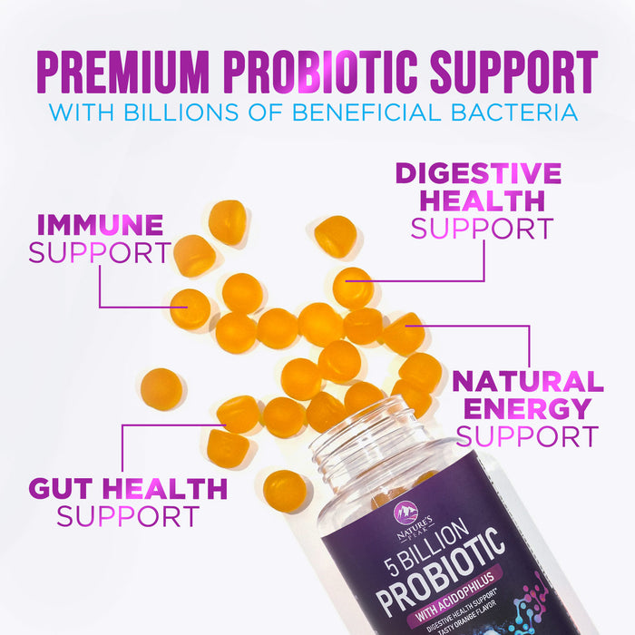 Daily Probiotic Gummies Extra Strength, 5 Billion CFU Probiotics for Women & Men - Digestive Health & Immune Support, Gluten Free - Nature's Non-GMO Supplement, Natural Orange Flavor