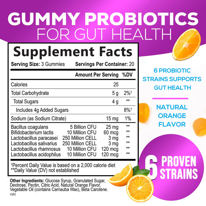 Daily Probiotic Gummies Extra Strength, 5 Billion CFU Probiotics for Women & Men - Digestive Health & Immune Support, Gluten Free - Nature's Non-GMO Supplement, Natural Orange Flavor