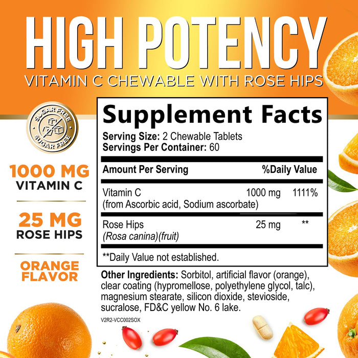 Extra Strength Vitamin C 1000 mg - Chewable Vita C for Powerful Immune Support with Vitamin C & Rose HIPS - Potent Dietary Chewable Vitamin C Supplement, Vegan, Gluten-Free, Non-GMO - 120 Count