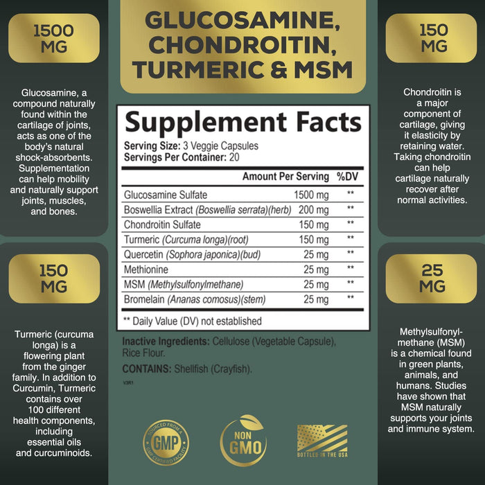 Glucosamine with Chondroitin Turmeric Supplement, Triple Strength Standardized 2100mg with Boswellia & Bromelain - for Joint Support & Comfort