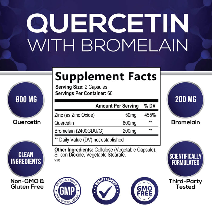 Quercetin with Bromelain 1000mg - Supports Immune Health, Extra Strength Quercetin 1000mg Supplement with Zinc & Bioflavonoids - Non-GMO, Vegan & Gluten Free