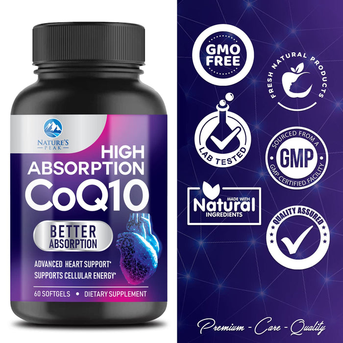 CoQ10 100mg - Extra Strength Absorption & Heart Health Support - Natural Form of Coenzyme Q10 Supplement - Antioxidant with Cellular Energy Support, 60 Day Supply