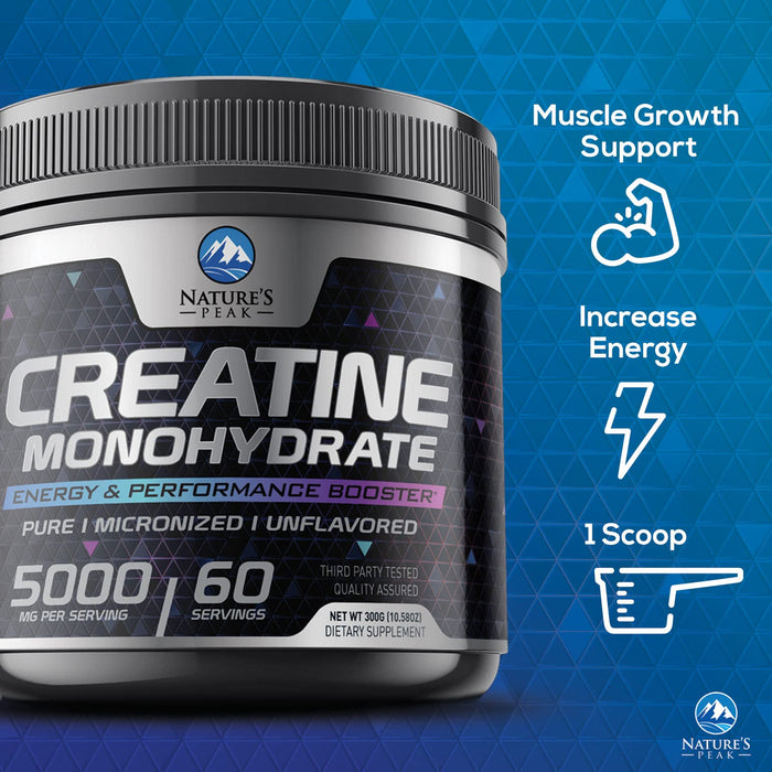 Creatine Monohydrate nature's peak energy & performance booster pure micronized unflavored dietary supplement