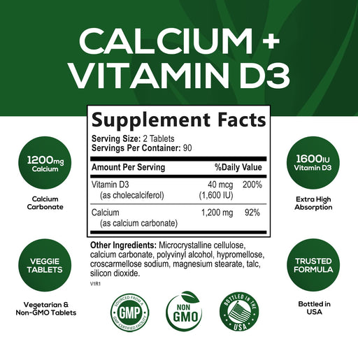 1200mg calcium with vitamin d3 supports bone health immune support tablets dietary supplement