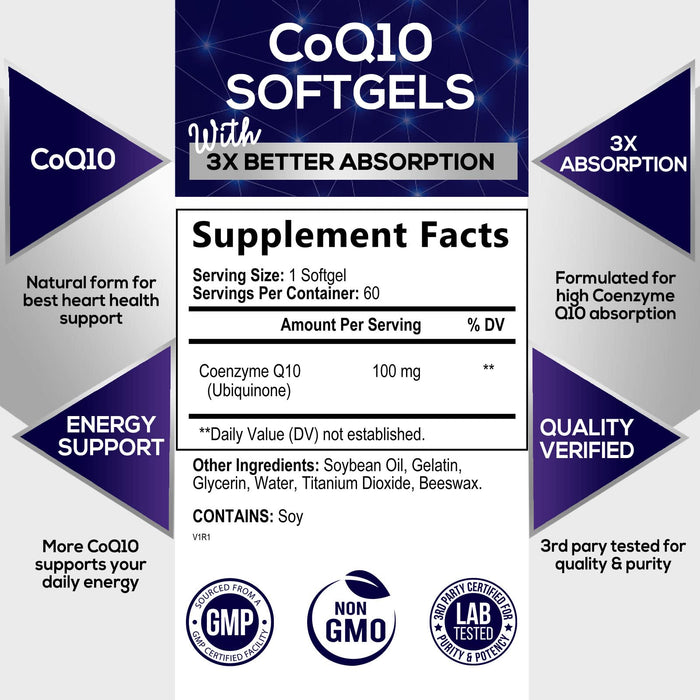 CoQ10 100mg - Extra Strength Absorption & Heart Health Support - Natural Form of Coenzyme Q10 Supplement - Antioxidant with Cellular Energy Support, 60 Day Supply