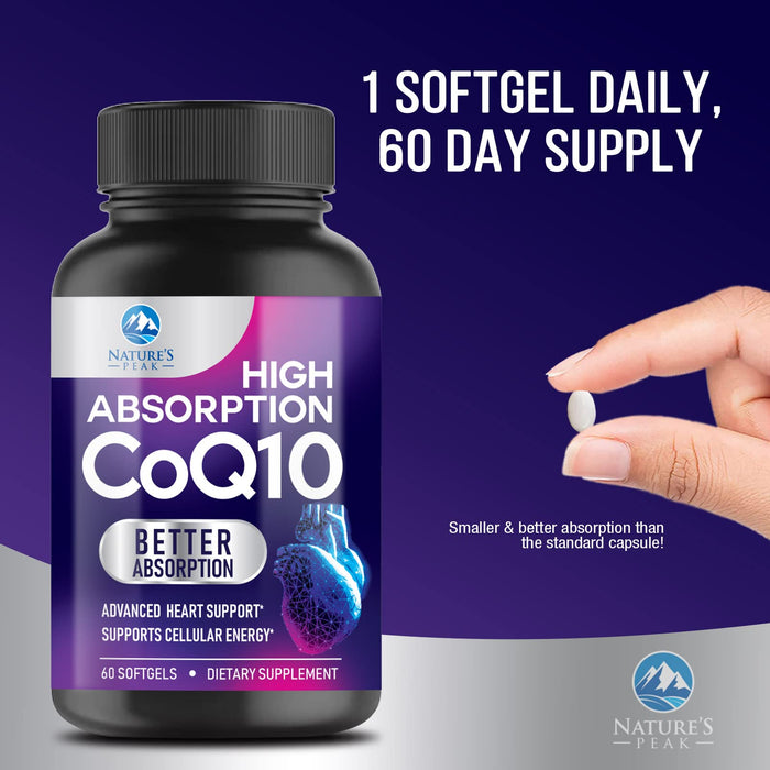 CoQ10 100mg - Extra Strength Absorption & Heart Health Support - Natural Form of Coenzyme Q10 Supplement - Antioxidant with Cellular Energy Support, 60 Day Supply