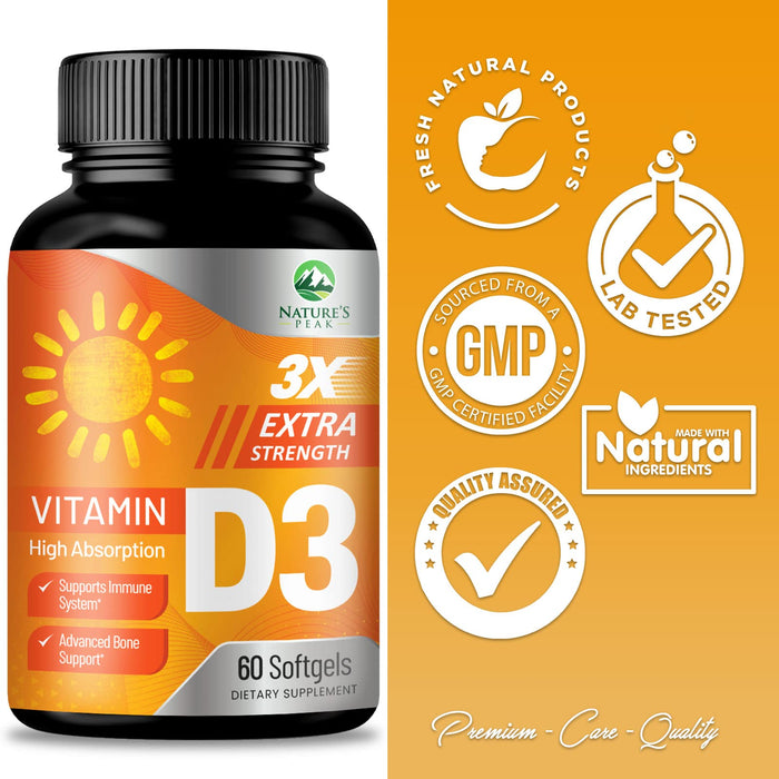 Vitamin D3 Extra Strength 5000 iu (125 mcg) High Absorption for Bone, Muscle and Immune Support - Nature's Daily Vitamin D Supplement - Non-GMO