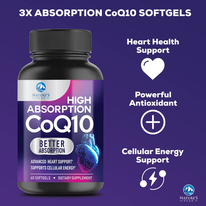 CoQ10 100mg - Extra Strength Absorption & Heart Health Support - Natural Form of Coenzyme Q10 Supplement - Antioxidant with Cellular Energy Support, 60 Day Supply